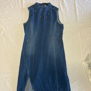 Poetic Justice Bodycon Denim Dress Womens Dark Blue Large Zip Up